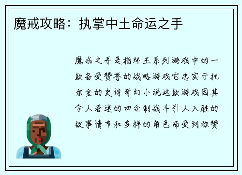 魔戒攻略：执掌中土命运之手